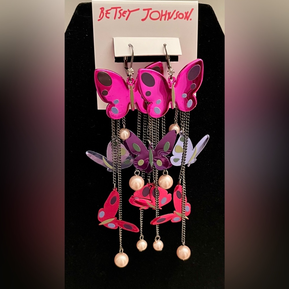 Betsey Johnson Vibrant Pink and Purple Butterfly Dangle Earrings